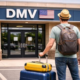 Турист с чемоданами стоит на пороге DMV USA