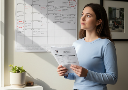 Девушка смотрит на календарь на стене и держит в руках документы
