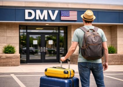 Турист с чемоданами стоит на пороге DMV USA